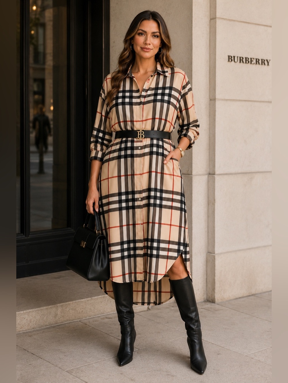 Women’s XXL Plaid Shirt Dress Beige Black High Low Oversized Button Front